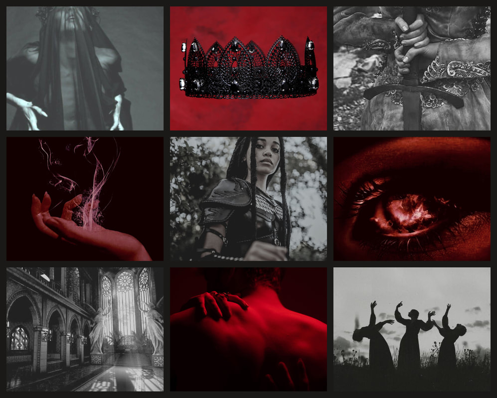 Square collage of 9 black and white photos with red accents. Top left: A woman wears a gauzy black veil. Her hands look skeletal, reaching down as she looks up. Top middle: A black jeweled crown on a red background. Top right: Two hands grip a sword held behind a woman’s back. We see the sleeves and back of her fancy dress. Middle left: Image tinted red, thin wisps of smoke rise from the palm of a woman’s hand. Center: A woman with long braided hair stands among trees. She wears leather armor. Middle right: Image tinted red, a fiery eye with long lashes and dark eyeliner. Bottom left: Statues of angles stand inside a church with tall stained-glass windows and arched columns. Bottom middle: Image tinted red, a man’s back with a woman’s hands on his shoulders, one from above and one from below. Bottom right: Three women dance in a field with their arms waving above them and heads thrown back.