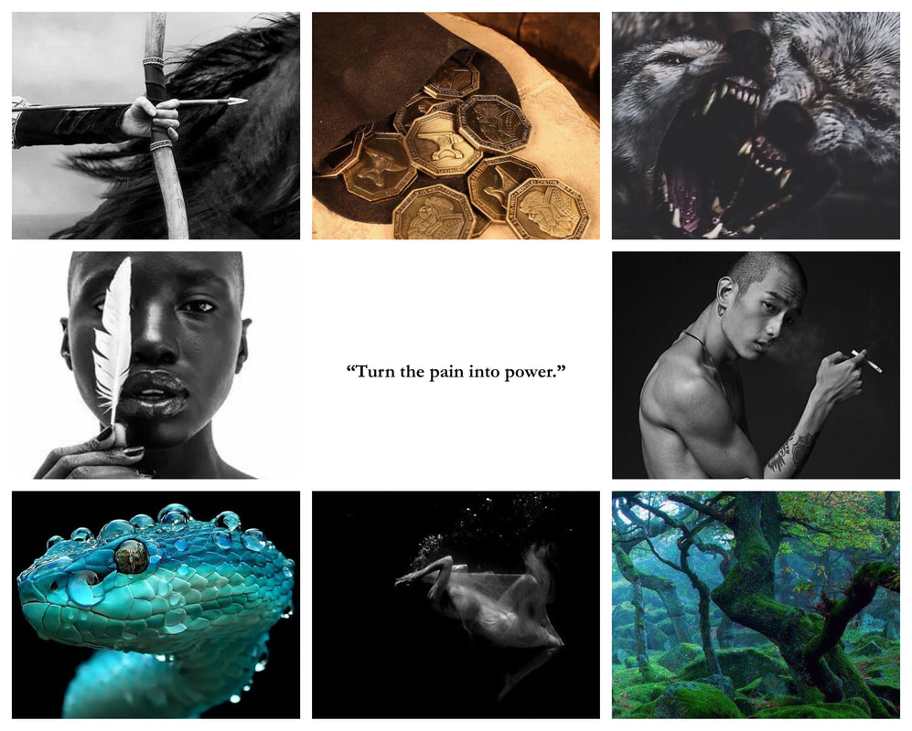Square collage of 9 black and white photos. Top left: A hand holds a bow with an arrow drawn, against the background of a horse’s mane. Top middle: Image tinted gold, old coins spill from a brown bag onto a table. Top right: Two wolves’ heads press against each other with jaws open in attack. Middle left: The face of a beautiful dark-skinned woman, bald, against a white background. Her fingers at her chin hold a white feather in front of one eye. Center: Black text on white background: “Turn the pain into power.” Middle right: A shirtless man pictured from the side, holds a cigarette and blows smoke. His head is shaved, he has an earring, his upper arm is muscular, and his forearm is tattooed. Bottom left: A vivid green and blue snake head, one flat eye surrounded by beads of water. Bottom middle: A woman falls through black water, caught in a gauzy garment. Bottom right: A bright green mossy, tangled tree in a forest.