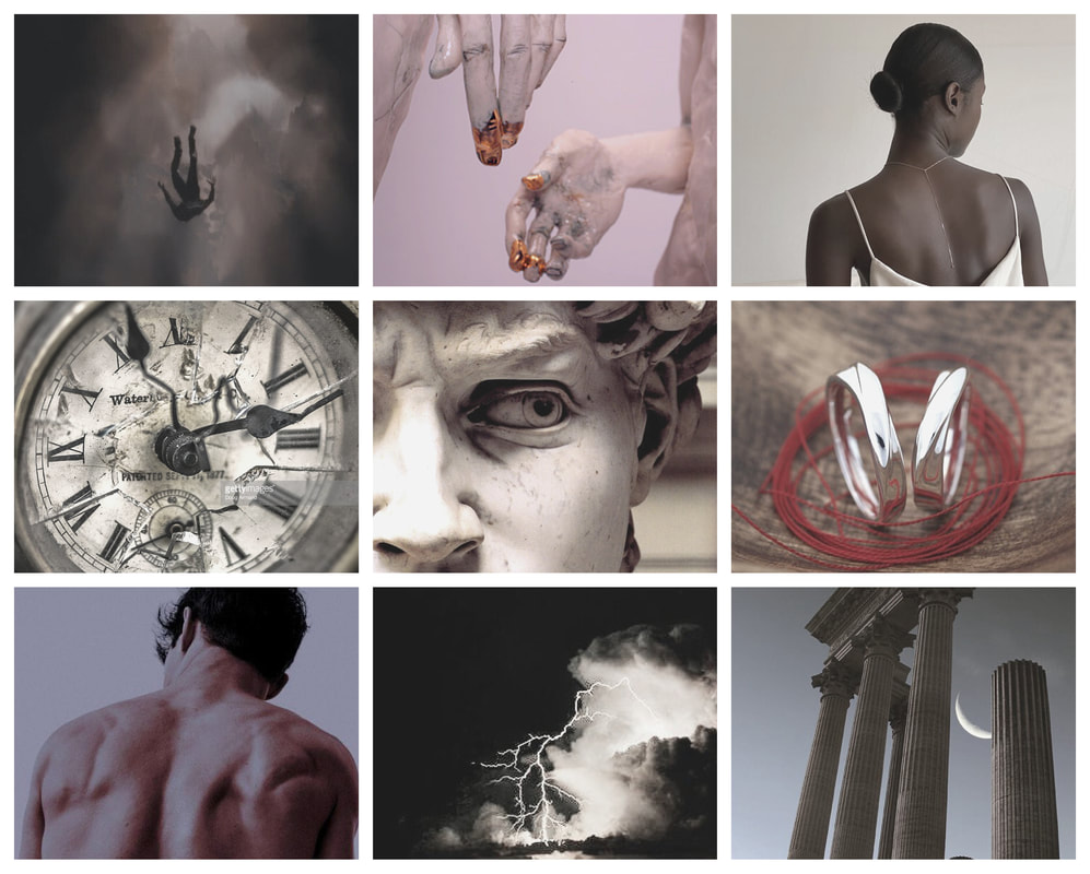Square collage of 9 black and white photos. Top left: A person falls through a cave. Top middle: Image tinted pink, two bony, dirty light-skinned hands have gold goo on their fingers. Top right: From the back with face hidden, a dark-skinned woman against a light background, wears a white strappy dress with shoulder blades exposed and a ballerina bun. Middle left: The cracked face of an old clock with twisted arms and distorted Roman numerals. Center: The nose, left eye and ear of a Greek statue of white stone. The eye looks sharply to the side. Middle right: Two metal rings balance upright in a circle of red thread on a wood background. Bottom left: The muscular upper back of a light-skinned, dark-haired man. Bottom middle: A huge bolt of lightning of the edge of a tall white cloud against a black sky. Bottom right: A stand of ruined Greek pillars with a crescent moon in the sky between them.
